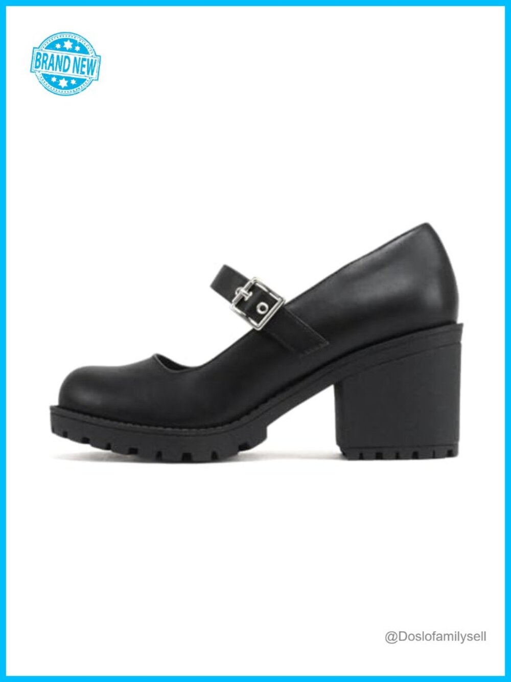 Mary Jane Pump Mid Chunky Block Heel Lug Sole Adjustable Strap Vegan Leather